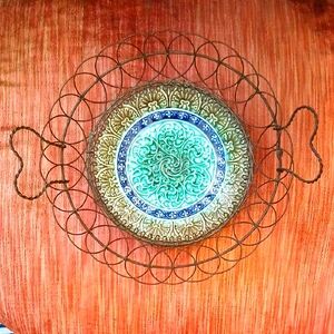 Antique Sarreguemines Majolica Plate In A Wire Heart Shaped Handle Basket